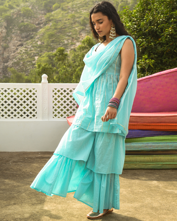Sky blue kurta-sharara set- set of three 2