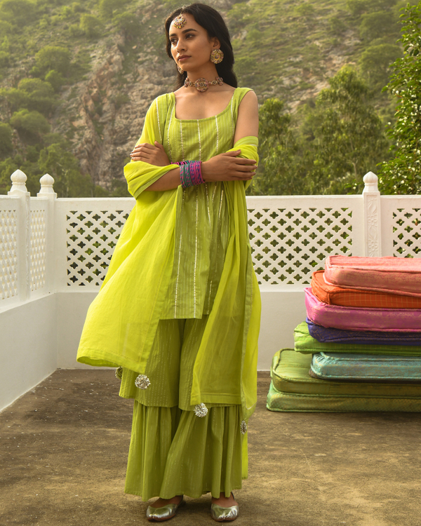 Grassy green kurta-sharara set - set of three 3