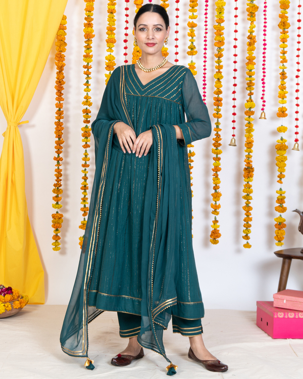 Green embroidered anarkali kurta set - set of three 1