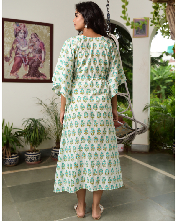 White and turquoise block printed kaftan 2