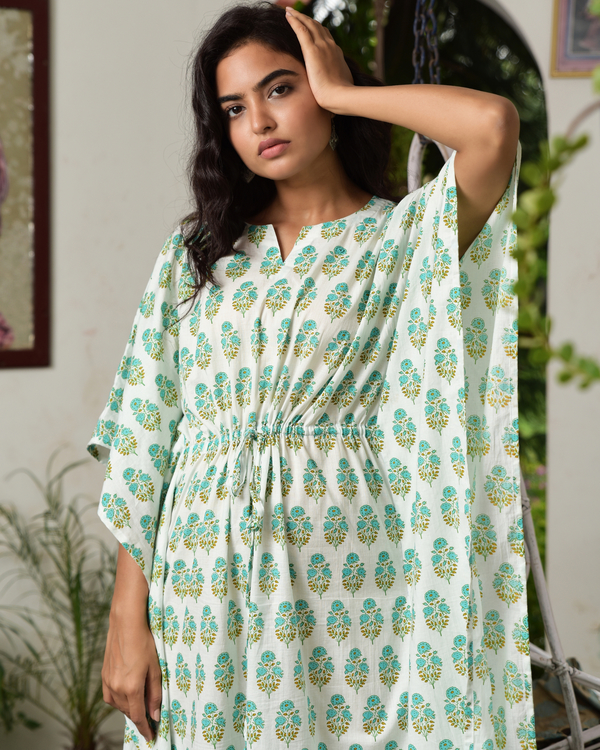 White and turquoise block printed kaftan 3