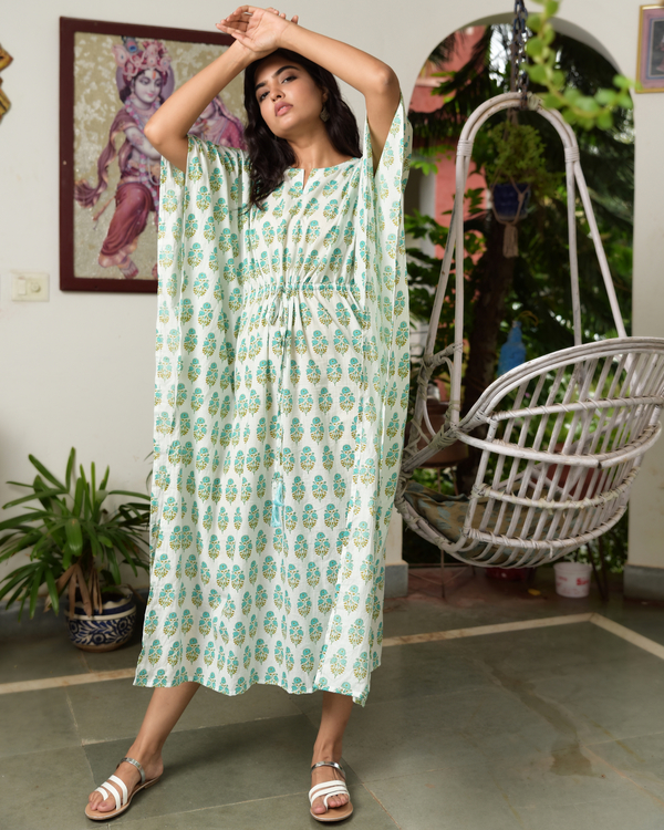 White and turquoise block printed kaftan 1