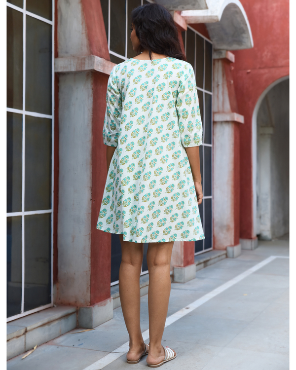 White and turquoise block printed a-line dress 3