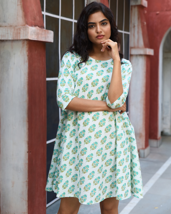 White and turquoise block printed a-line dress 1