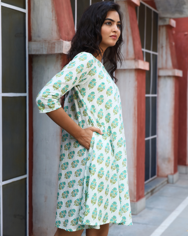 White and turquoise block printed a-line dress 2