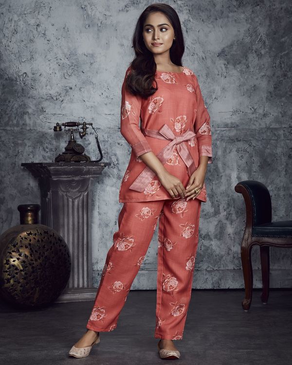 Peach floral printed co-ord set - set of two 1
