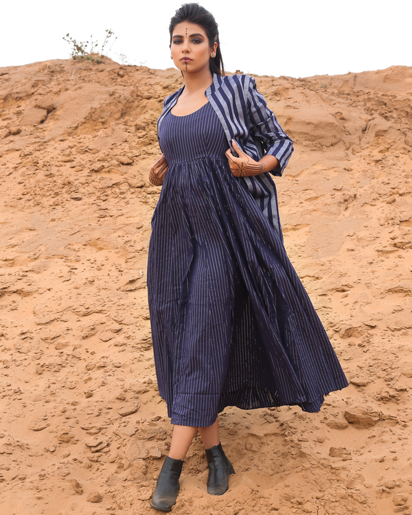 Deep blue striped long cape with spaghetti dress - set of two 3