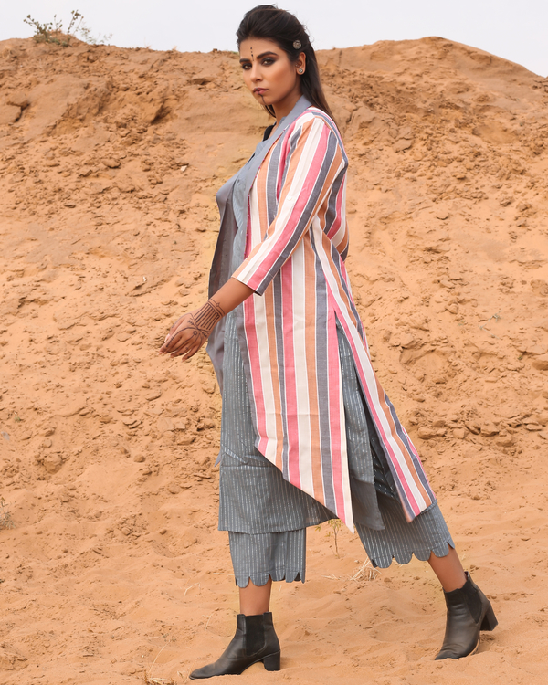 Multicolour striped cape with kurta and pants - set of three 3