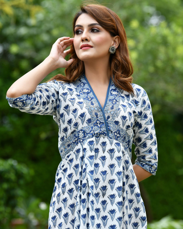 White and blue block printed dress 2