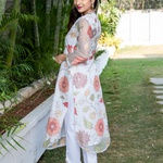 White floral embroidered organza kurta with pants - set of two by