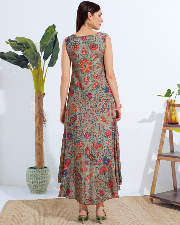 Grey floral printed and embroidered dress 1