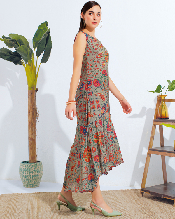 Grey floral printed and embroidered dress 2