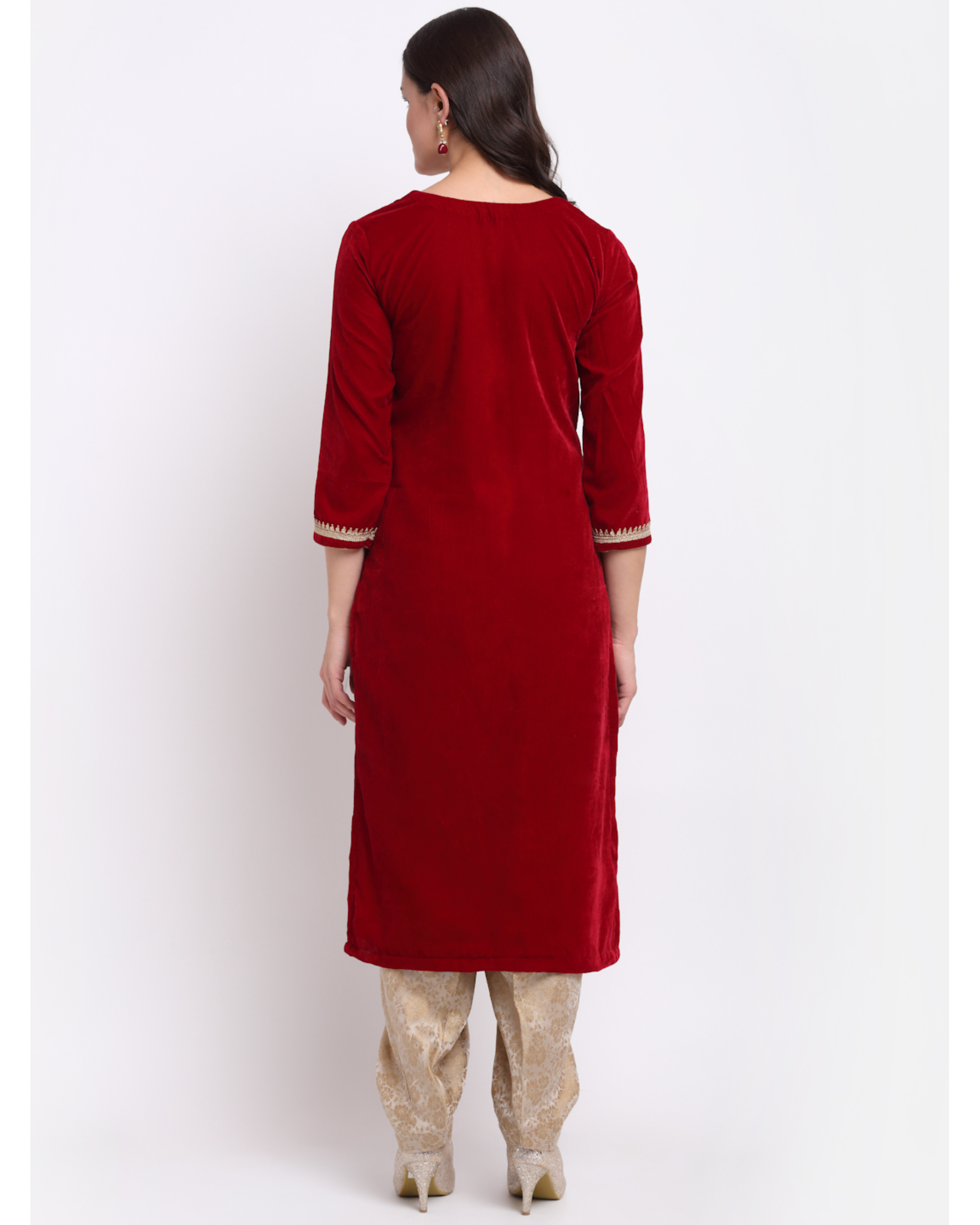 Maroon velvet kurta with brocade salwar and net dupatta - set of