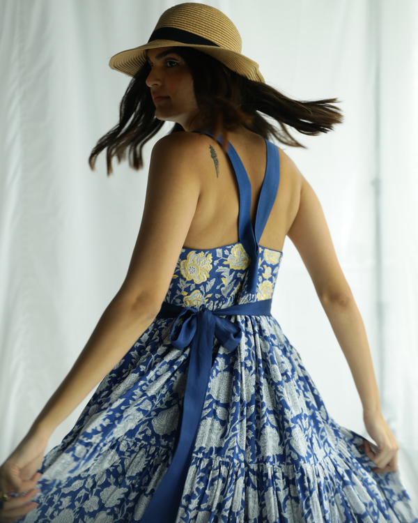 Printed blue strappy tiered dress 2