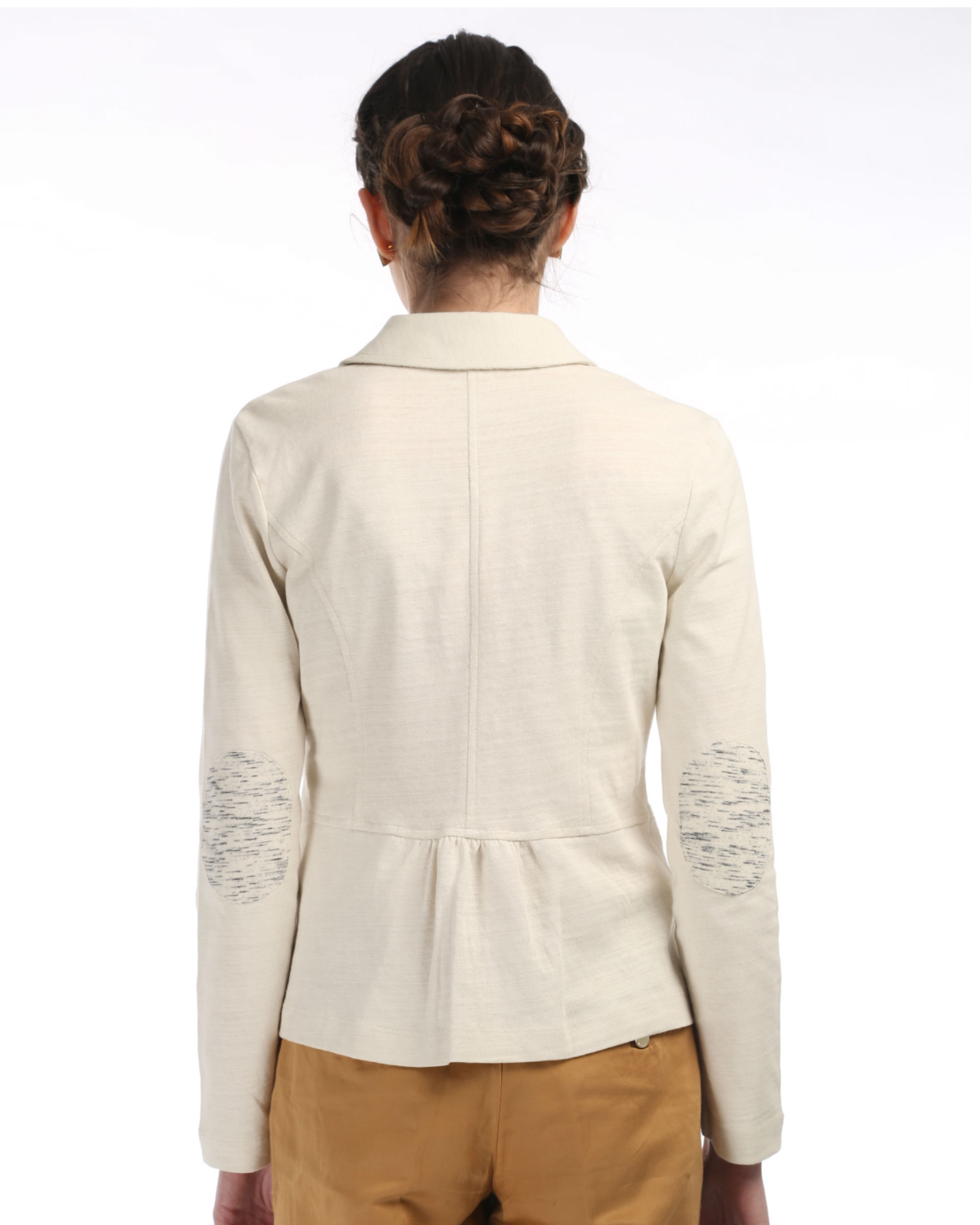 Ivory knit blazer with elbow patch by POST FOLD The Secret Label