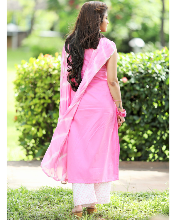 Pink block printed short kurta with sharara and dupatta - set of three by  Mulmul | The Secret Label