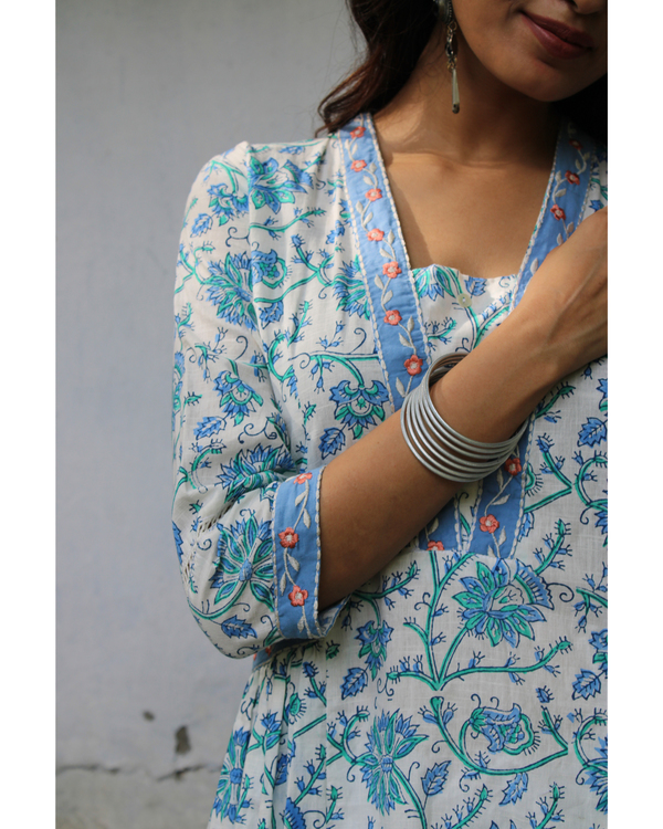 Blue hand block printed full length kurta 1