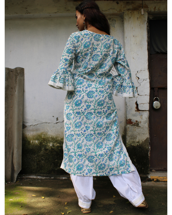 Blue hand block printed bell sleeved kurta 3
