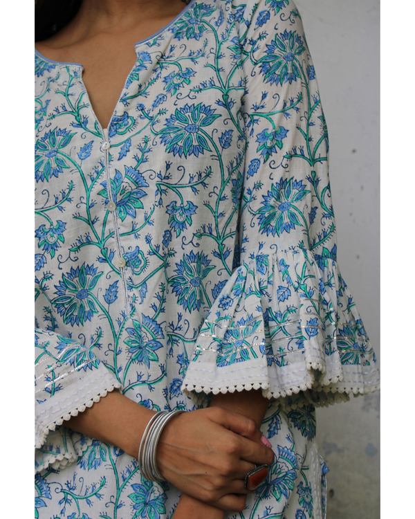 Blue hand block printed bell sleeved kurta 1