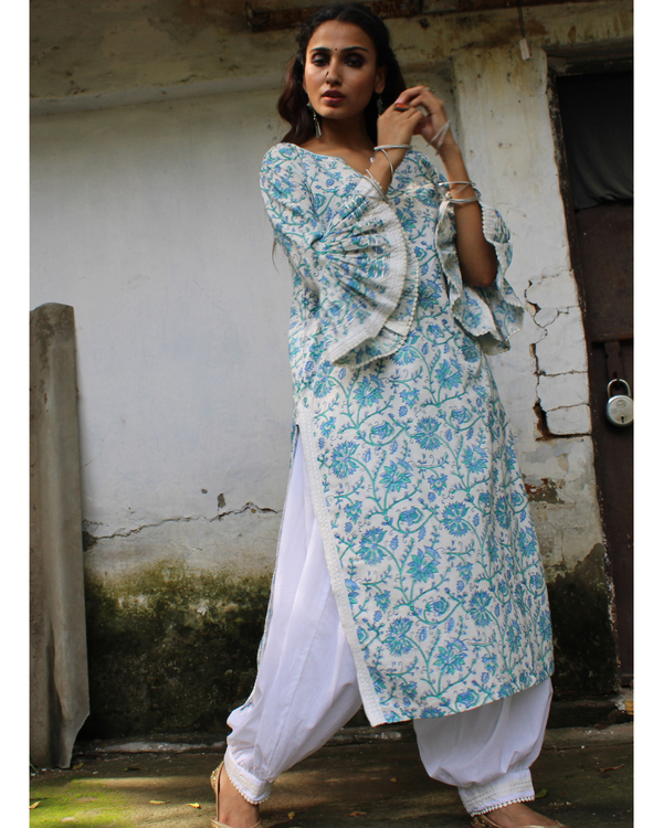 White and blue hand block printed kurta set - set of two 2