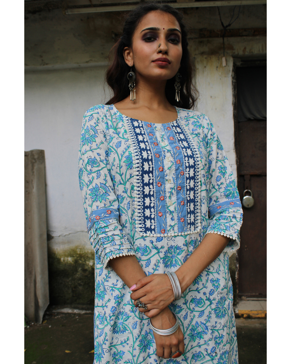 Blue hand block printed yoke kurta 1