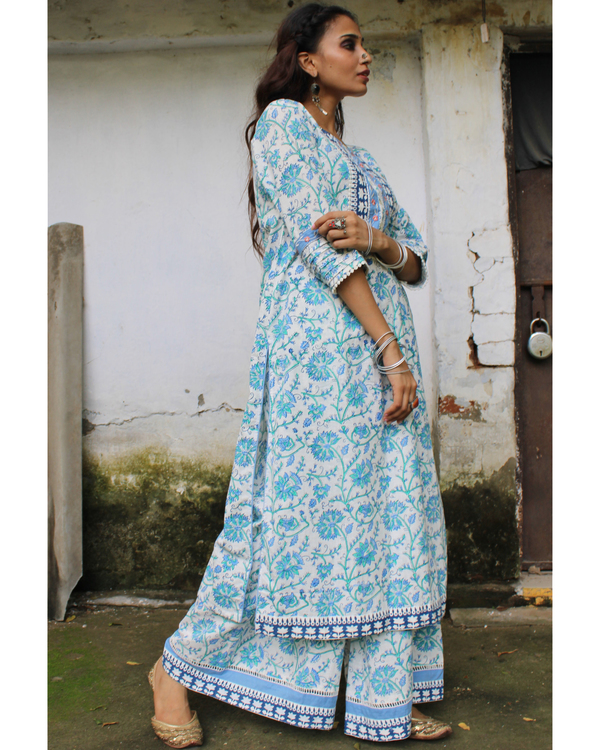 Blue hand block printed kurta palazzo set - set of two 2