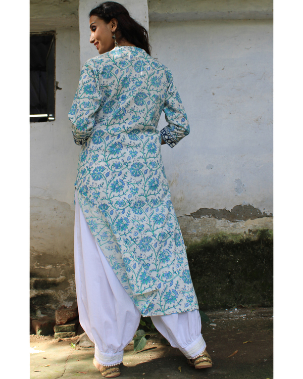 Blue hand block printed collared kurta 1