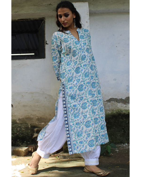 Blue hand block printed collared kurta 2