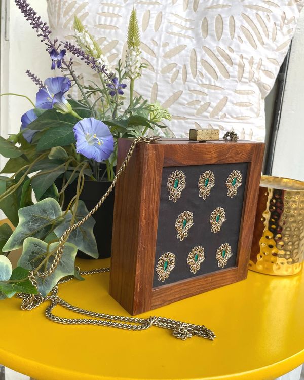 Golden and green buta embroidered wooden clutch with chain strap 3