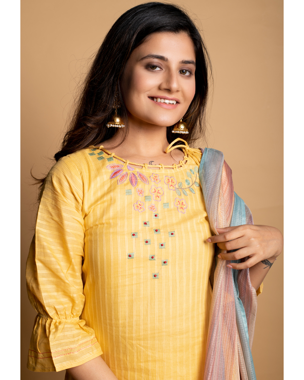 Yellow embroidered kurta set set of three by Autumn Lane The Secret Label