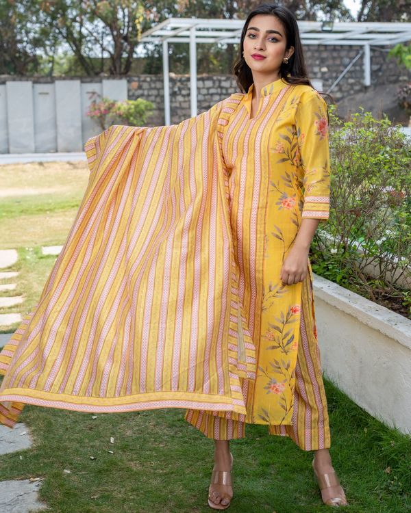 Yellow long yoke striped printed kurta set - set of three 1