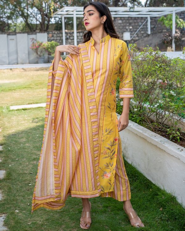 Yellow long yoke striped printed kurta set - set of three 2
