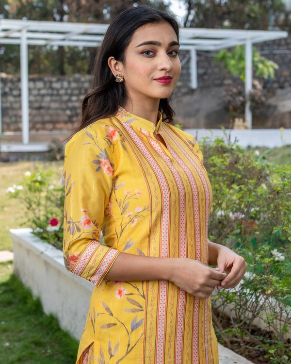 Yellow long yoke striped printed kurta set - set of three 3