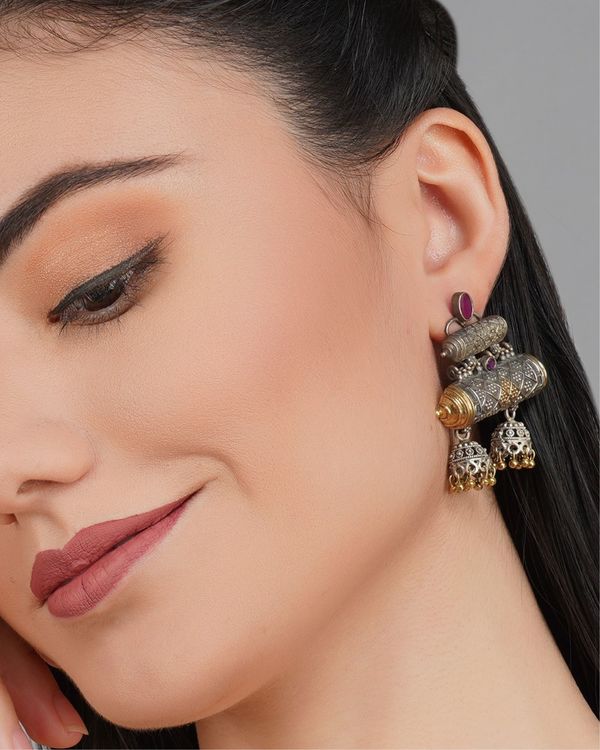 Dual tone purple stone beaded jhumka 1