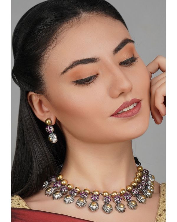 Dual tone triple layered neckpiece with earrings - set of two 1