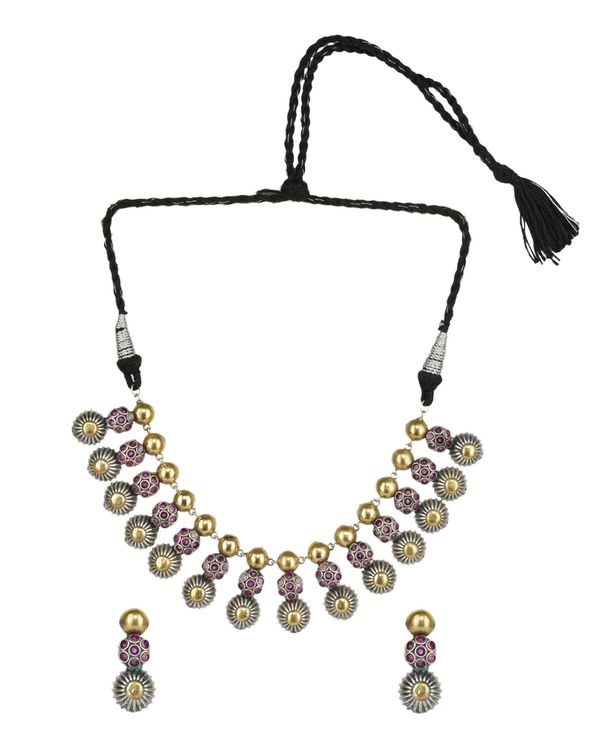 Dual tone triple layered neckpiece with earrings - set of two 2