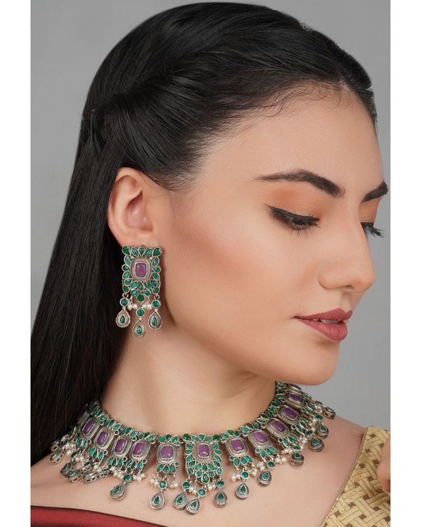 Green and pink stone embellished neckpiece with earrings - set of two 1