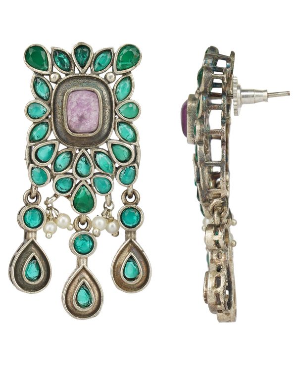 Green and pink stone embellished neckpiece with earrings - set of two 2