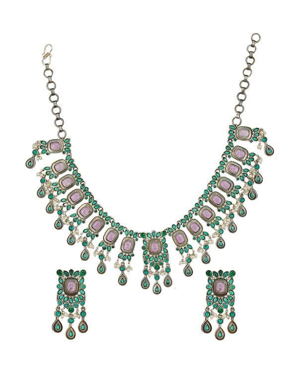 Green and pink stone embellished neckpiece with earrings - set of two 3