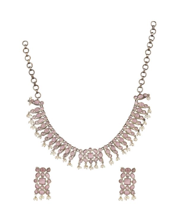 Pastel pink stone embellished neckpiece with earrings - set of two 2