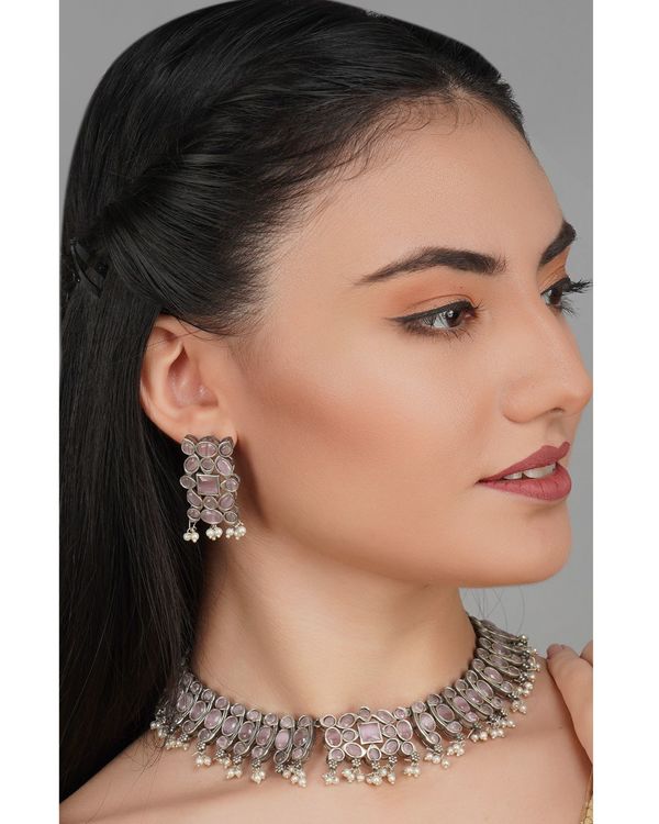 Pastel pink stone embellished neckpiece with earrings - set of two 3