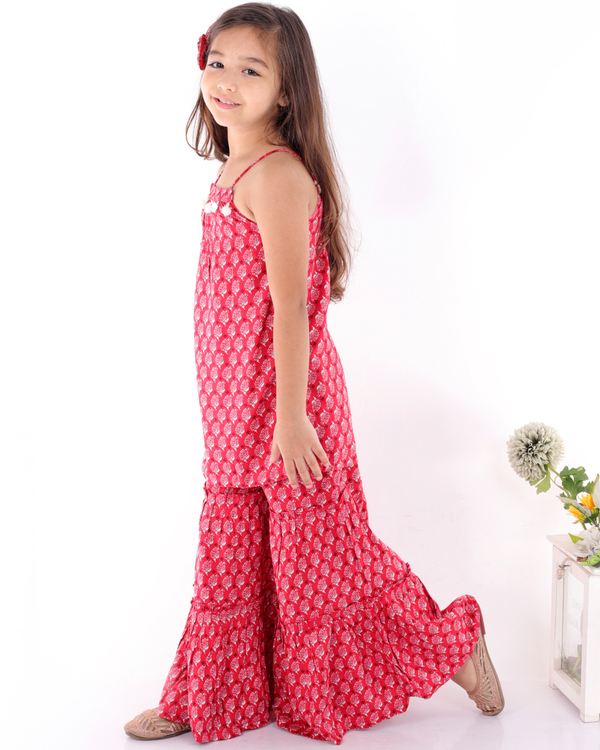 Red block printed sharara set - set of two 1