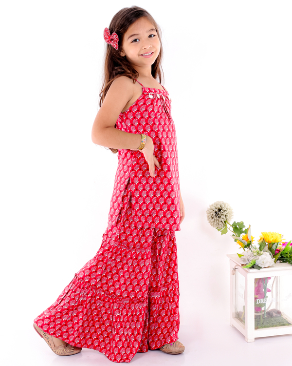 Red block printed sharara set - set of two 2