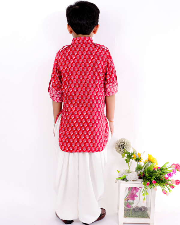 Red block printed kurta-pyjama set - set of two 3