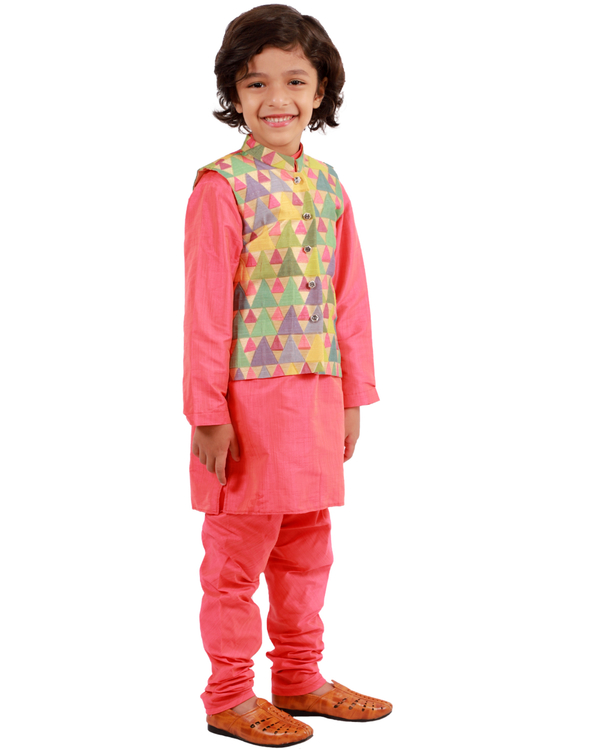 Peach colour kurta-pyjama set with jacket - set of three 2