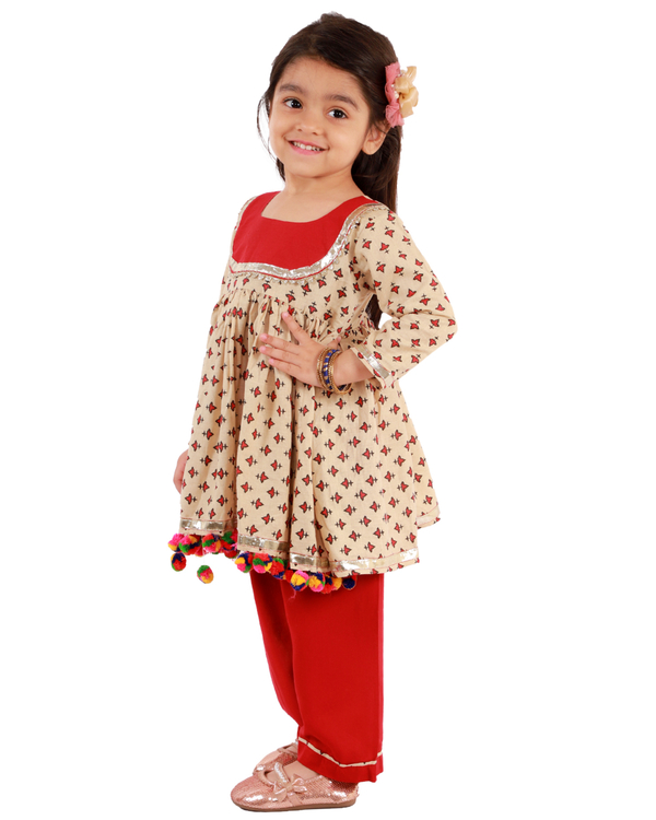 Beige and red anarkali set - set of two 2
