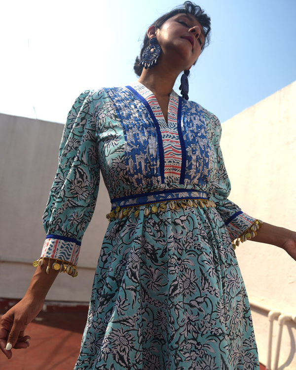 Mint blue floral printed dress by Why So Blue The Secret Label