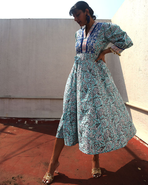 Mint blue floral printed dress by Why So Blue The Secret Label