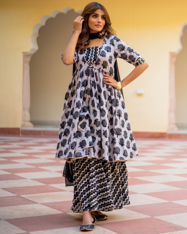 Black and white dabu print sharara set - set of three by Baisa Crafts ...