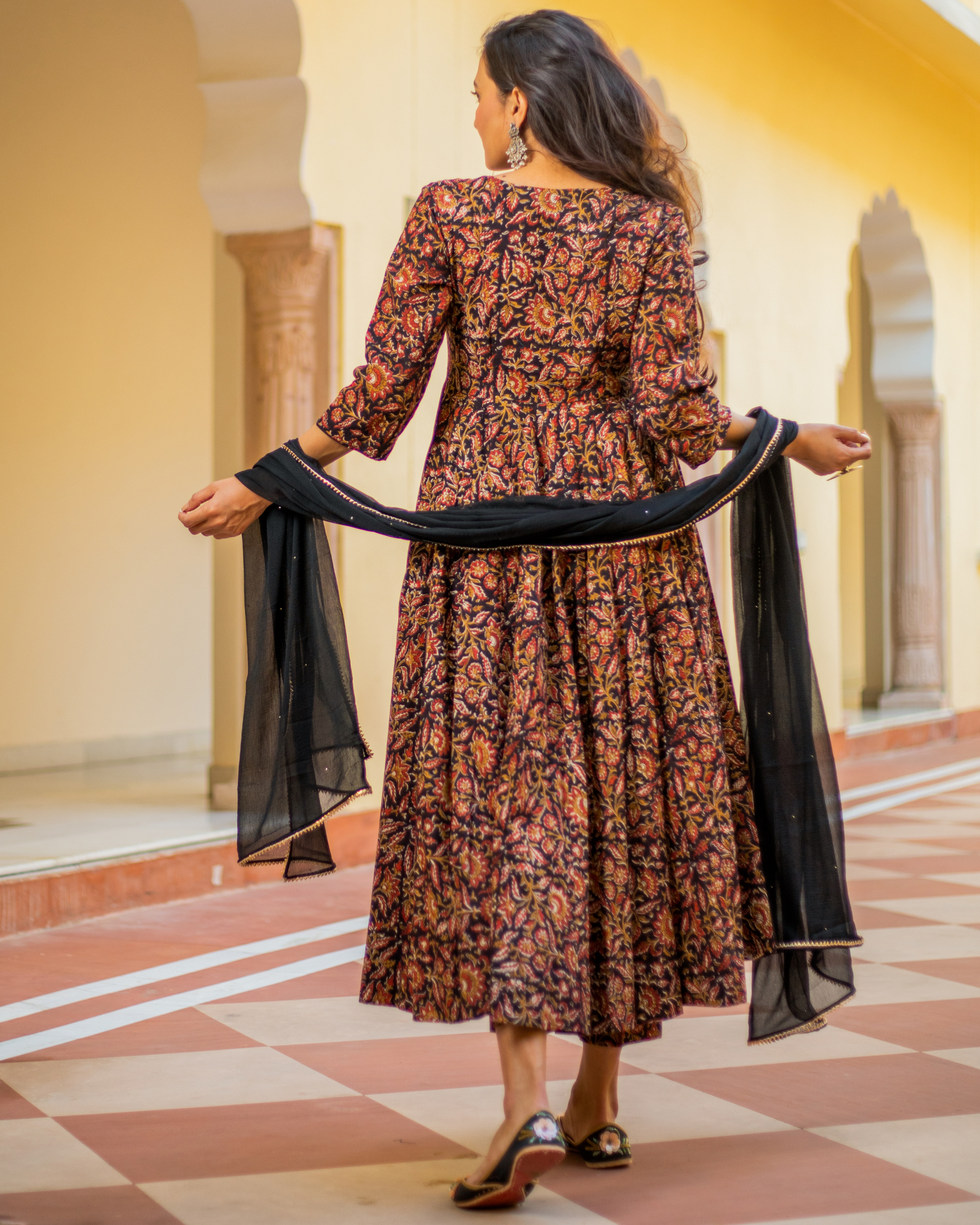 Black and orange bagru print anarkali set - set of three by
